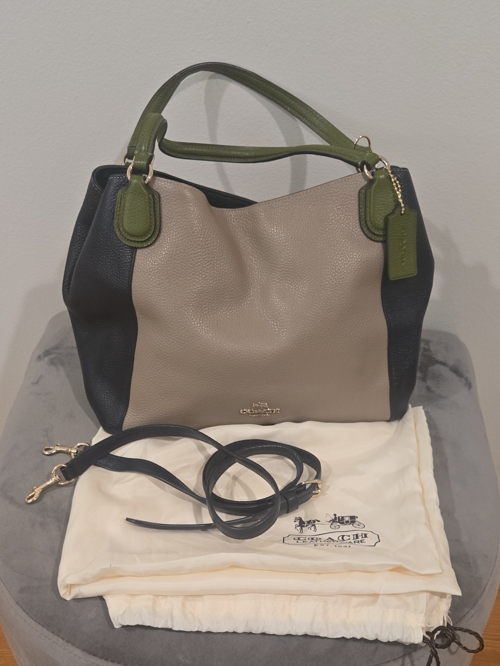 Coach Taupe, Navy & Green Pebbled Leather Shoulder Bag